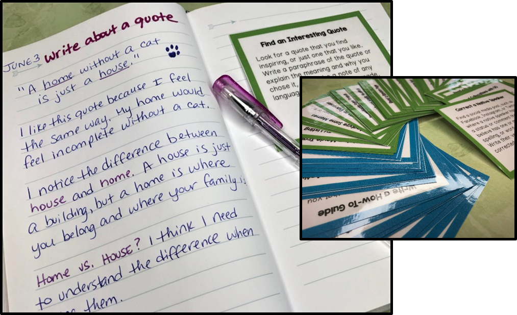 Larger picture shows a photograph of a journal with a task card and a sample handwritten journal entry. Language journal task cards displayed in smaller picture.