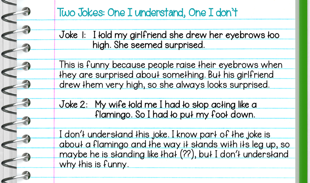 Sample journal entry for joke analysis task card. 