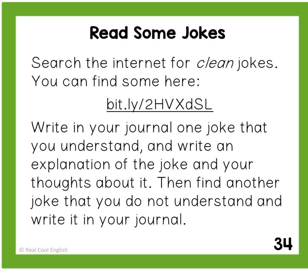 Example of a task card from Language Journal product. Task is to read two jokes; one the ESL student understands, and another they don't. Write description of jokes, anything they understand, and comments about what they don't understand.