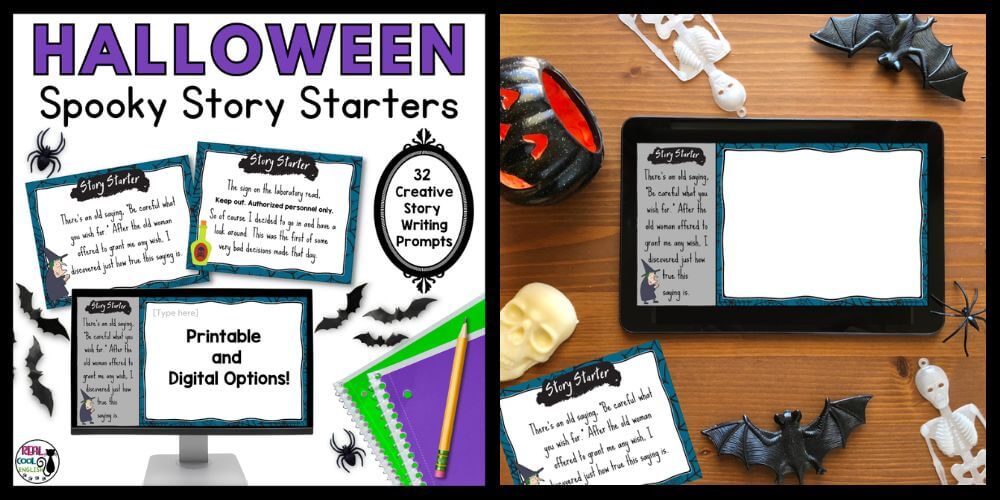 Image of halloween writing prompts cover and styled image of digital task cards