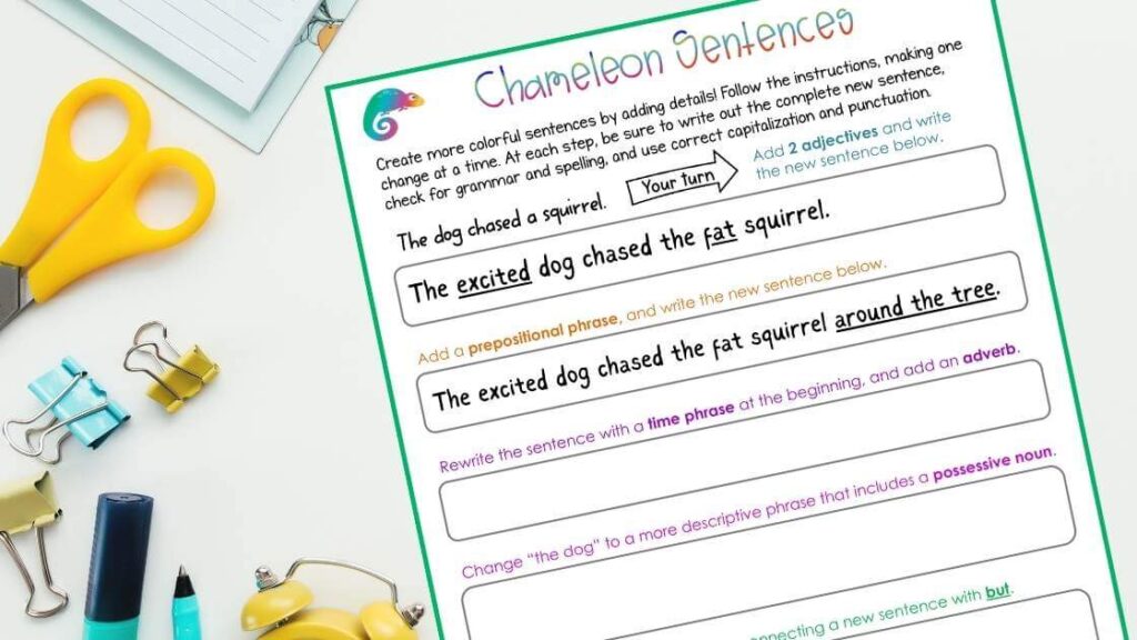 example of sentence building elaboration activity - adding details to sentences