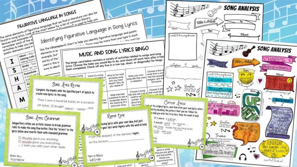 mockup of song lyric for figurative analysis and grammar practice activities