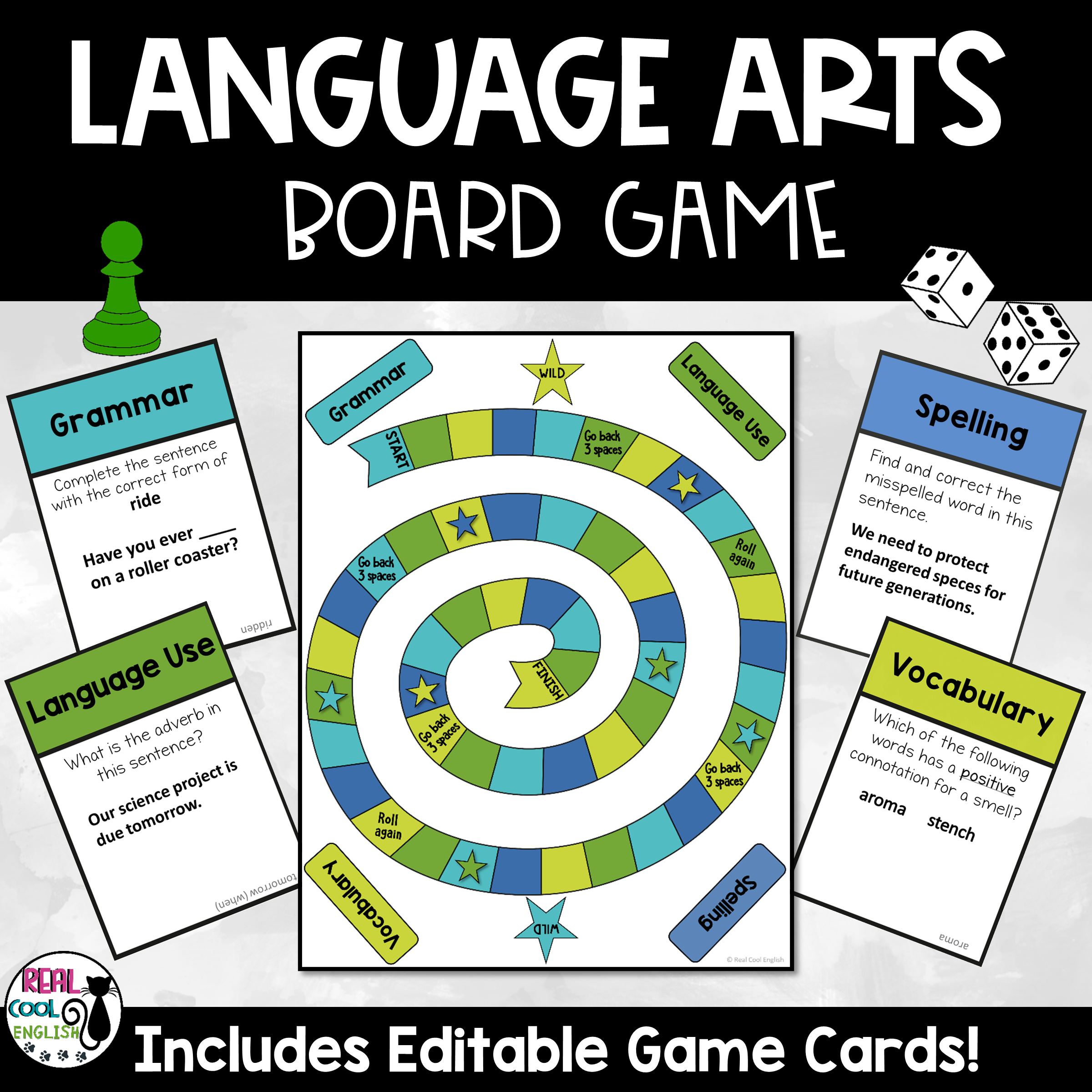 Language arts board game for spelling, grammar, vocabulary, and language use