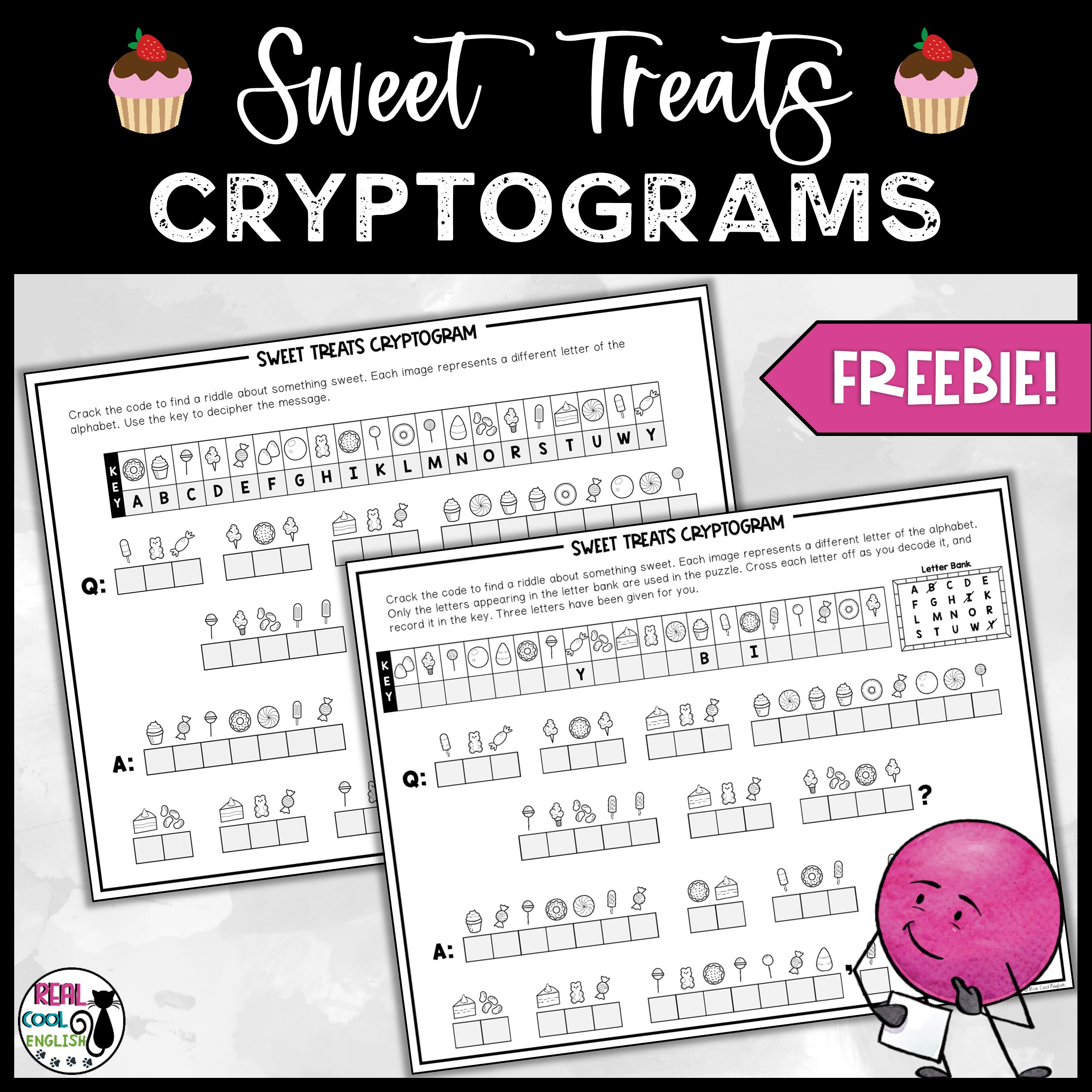 Two cryptogram puzzles with riddles about sweet treats