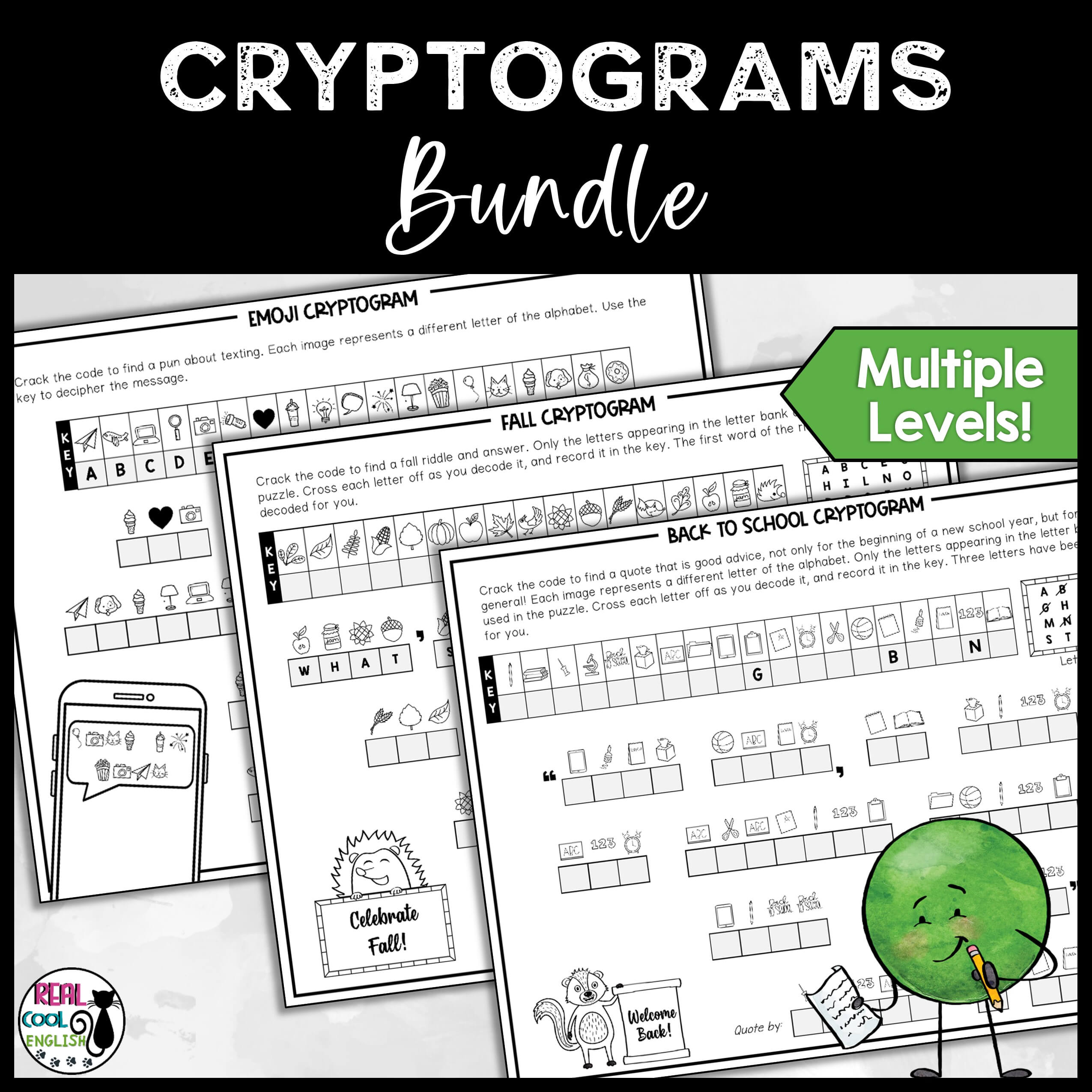 Cryptograms puzzles for spelling and logic skills