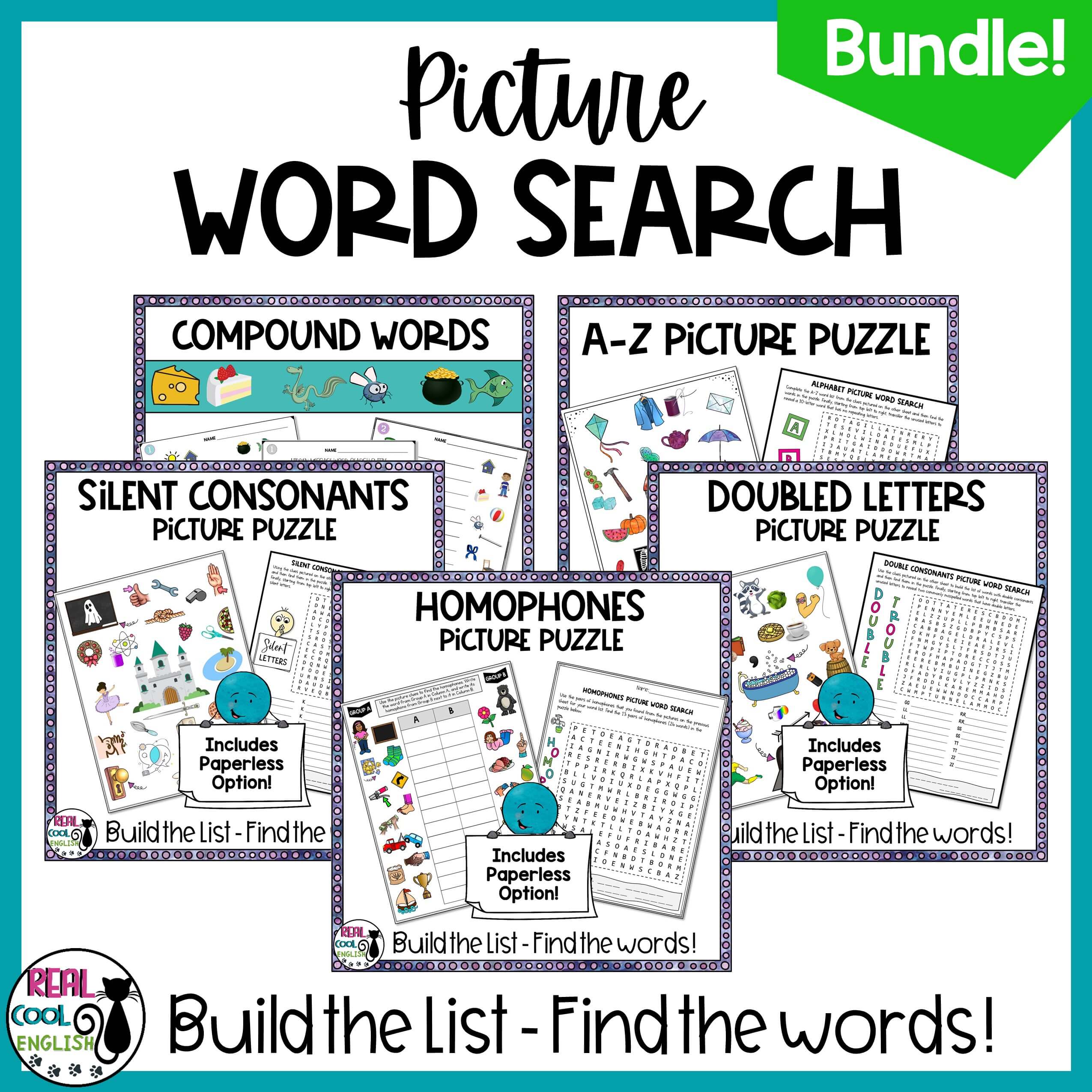Picture word search puzzles for spelling and vocabulary