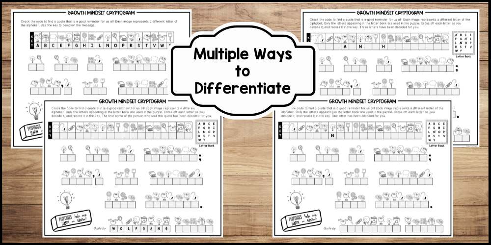 Benefits of cryptograms: easy to differentiate. Image shows example of cryptogram puzzles with multiple levels of differentiation.