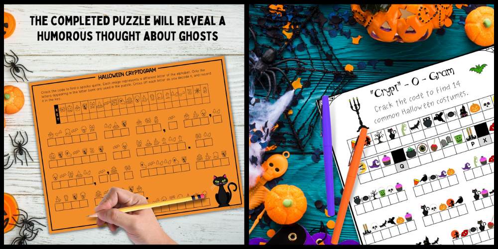 Image of 2 Halloween cryptogram puzzles for example of benefits of cryptograms