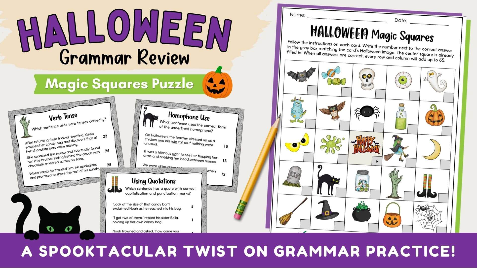 Halloween grammar review task cards and Magic Squares puzzle for practicing common grammar mistakes