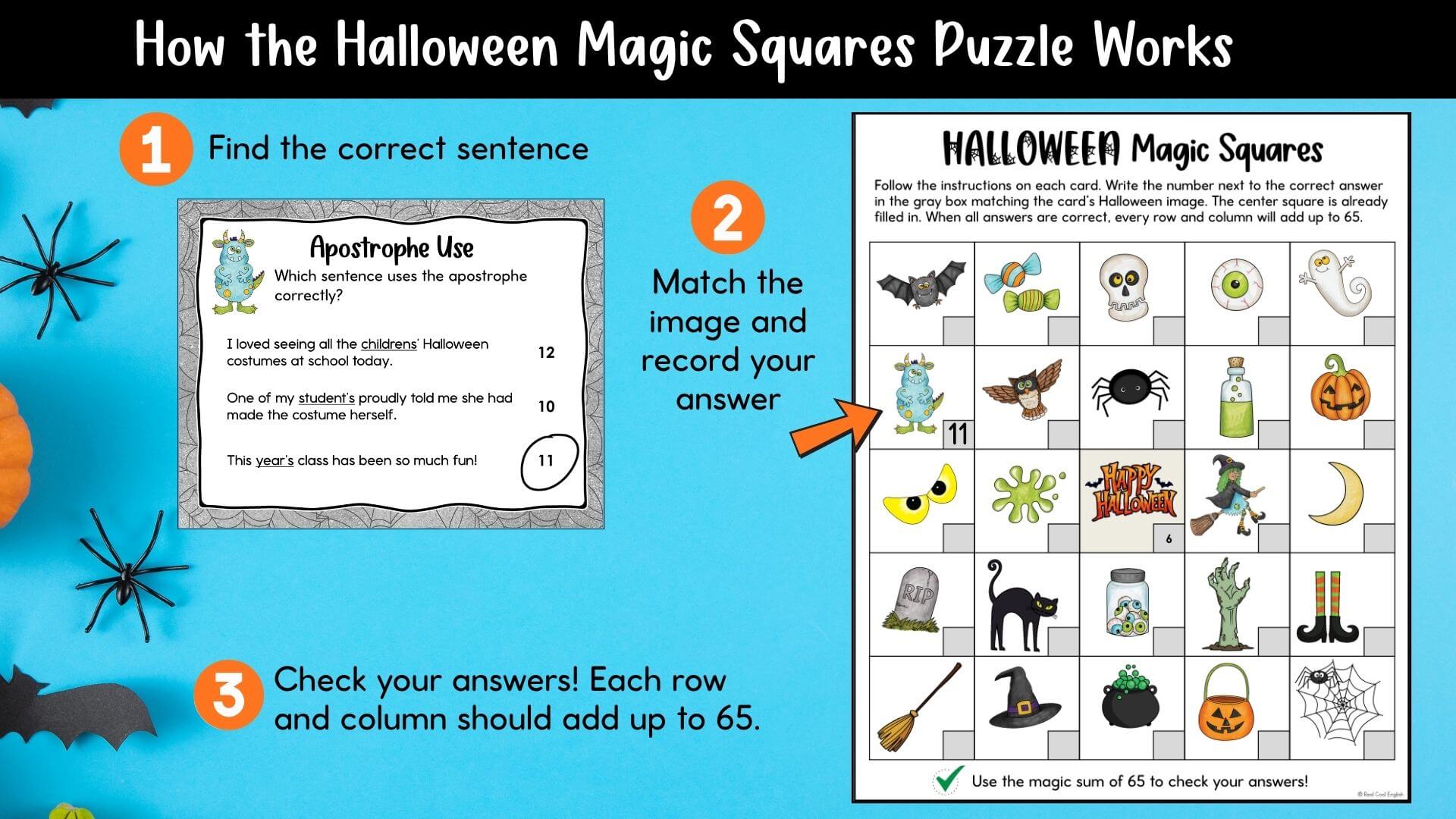 How to complete a Halloween grammar editing task card and self-checking Magic Squares puzzle